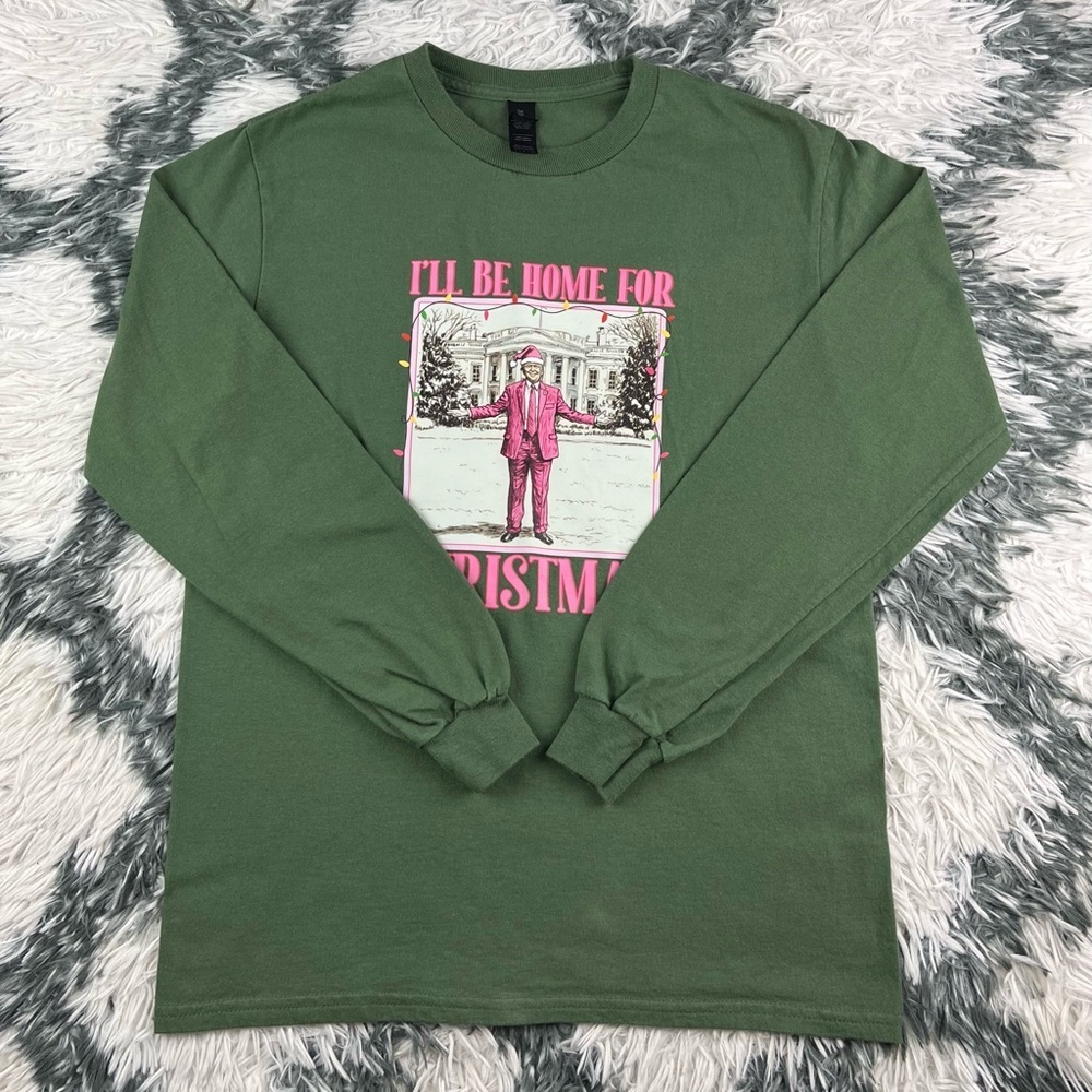 Gildan Unisex Donald Trump Christmas T-Shirt Size Small Green Long Sleeve